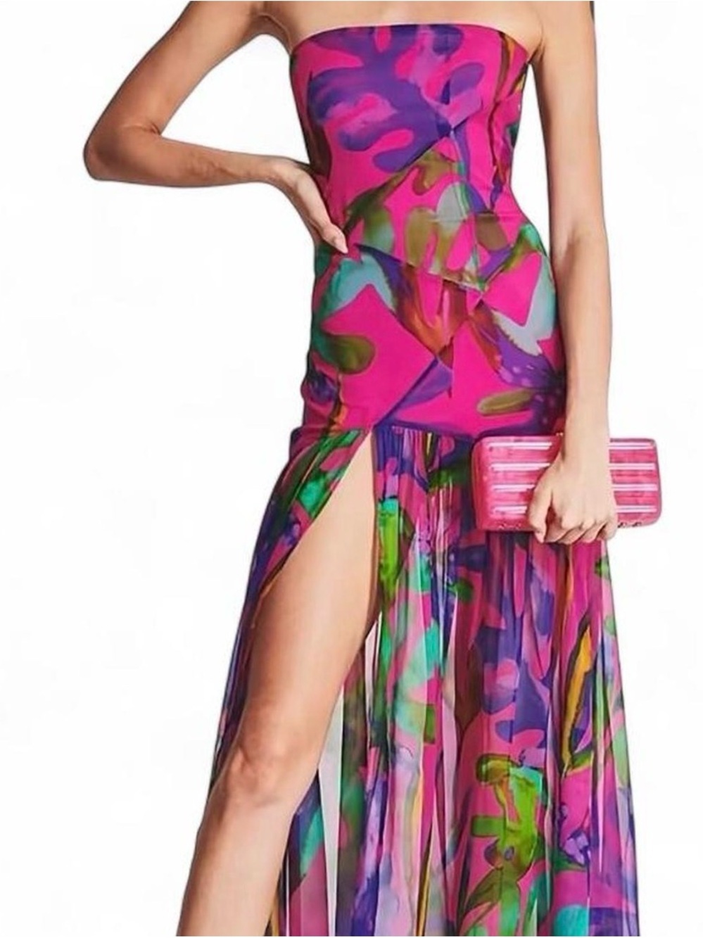 Vibrant Strapless High-Slit Maxi Dress in Pink Multi